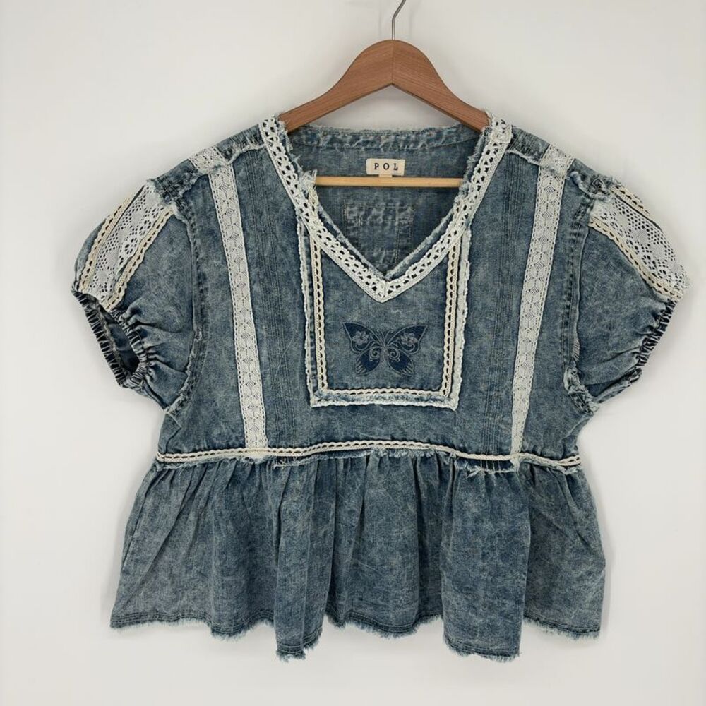 POL Denim Butterfly Embroidered Balloon Sleeve Top